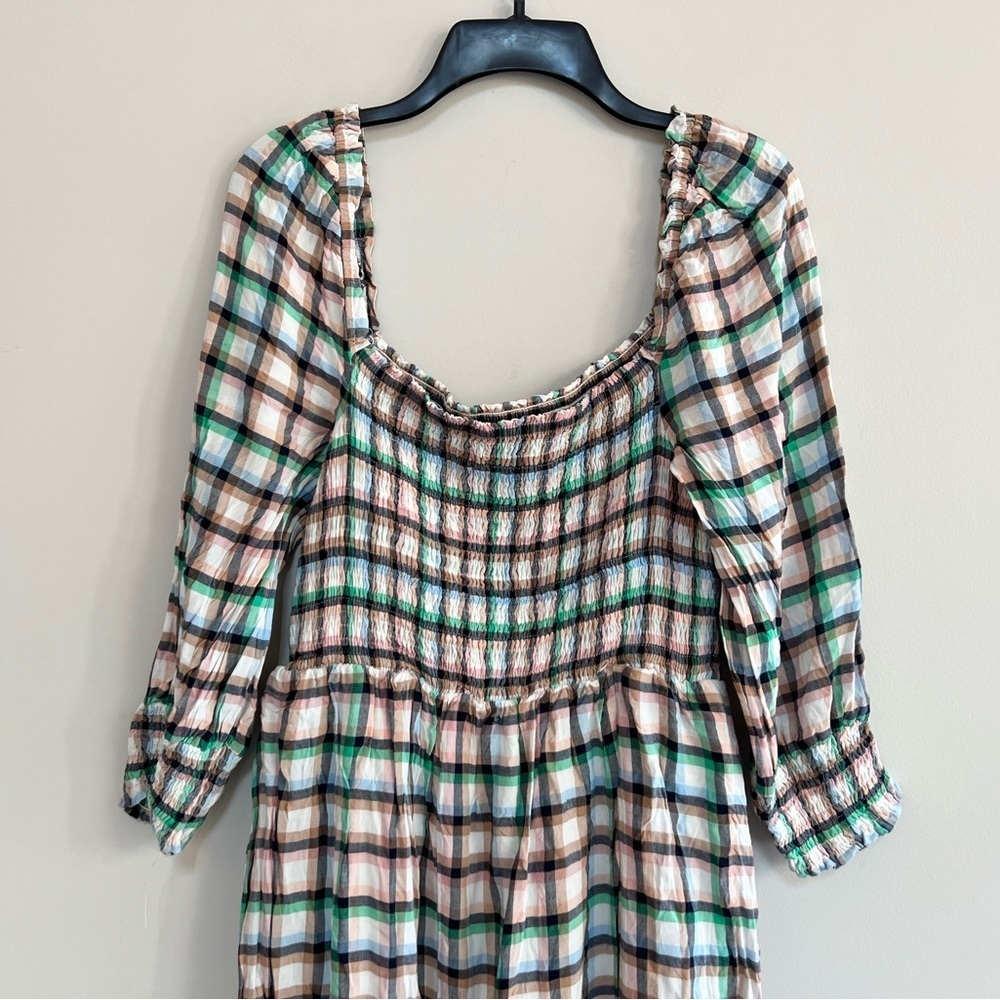 Anthropologie Maeve Cerie Smocked Plaid 3/4 Puff Sleeved Midi Dress, M - Picture 4 of 13